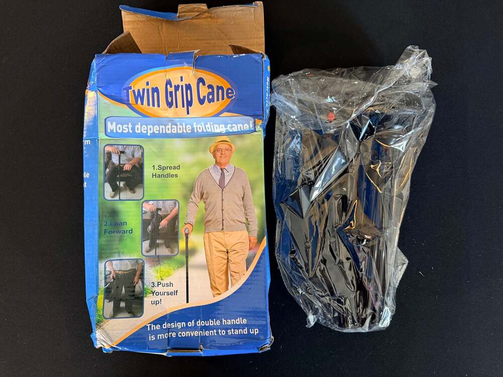 Twin Grip Cane Folding Walking Cane Dual Handle Standing Assistance Black